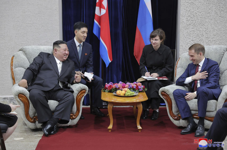 This Tuesday. Sept. 12, 2023, photo provided by the North Korean government shows that North Korea's leader Kim Jong Un, left, is greeted by Russian Minister of Natural Resources and Ecology Alexander Kozlov, sits right, after crossing the border to Russia at Khasan, about 127 km (79 miles) south of Vladivostok. Independent journalists were not given access to cover the event depicted in this image distributed by the North Korean government. The content of this image is as provided and cannot be independently verified. Korean language watermark on image as provided by source reads: "KCNA" which is the abbreviation for Korean Central News Agency. (Korean Central News Agency/Korea News Service via AP)