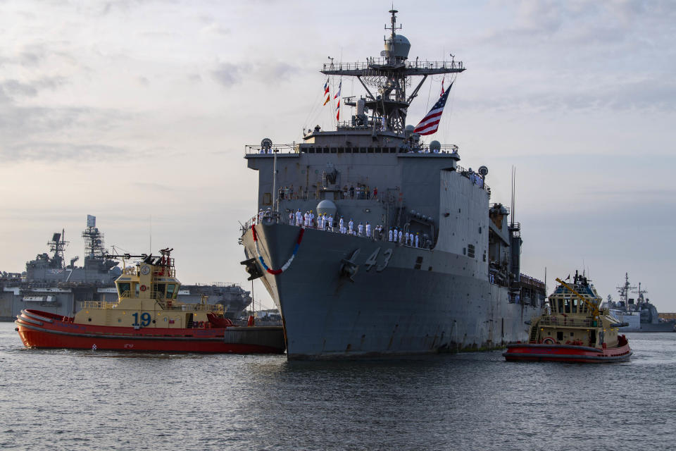 The Whidbey Island-class amphibious dock landing ship USS Fort McHenry (LSD 43) at Naval Station Mayport, Fla. It will be riding out the storm in Mayport. | MC3 Nathan T. Beard—U.S. Navy