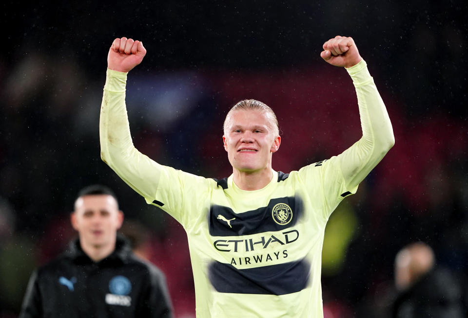 Manchester City&#39;s Erling Haaland celebrates at the end of the Premier League match at Selhurst Park, London. Picture date: Saturday March 11, 2023. (Photo by Zac Goodwin/PA Images via Getty Images)