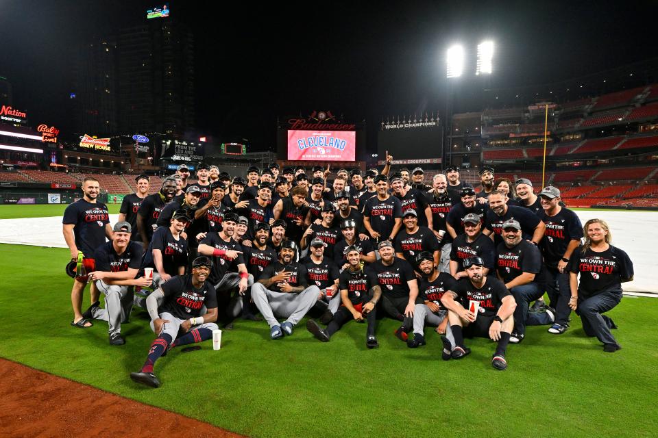 The Cleveland Guardians pose for a photo on the field after the Guardians clinched the AL Central Division title on Sept. 21 in St. Louis.