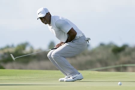 December 1, 2017; New Providence, The Bahamas; Tiger Woods reacts after missing his putt on the 13th hole during the second round of the Hero World Challenge golf tournament at Albany. Kyle Terada-USA TODAY Sports