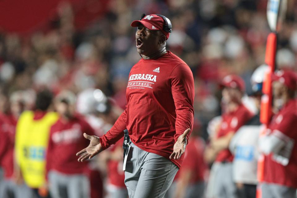 Nebraska Cornhuskers head coach Mickey Joseph reacts during the first half against the Rutgers Scarlet Knights at SHI Stadium.
