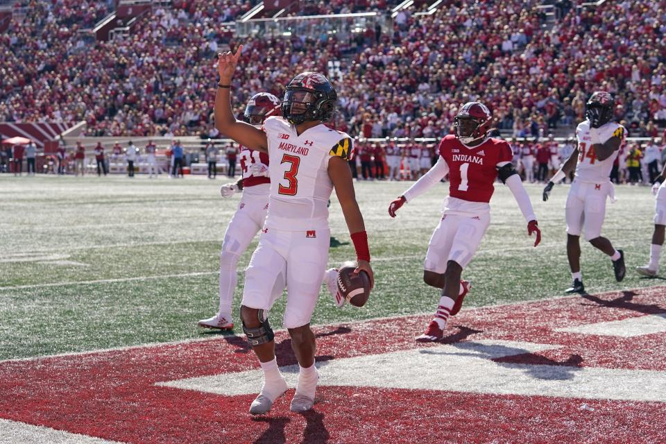 Maryland quarterback Taulia Tagovailoa (3) reacts after scoring a touchdown during the first half of an NCAA college football game against Indiana, Saturday, Oct. 15, 2022, in Bloomington, Ind. (AP Photo/Darron Cummings)
