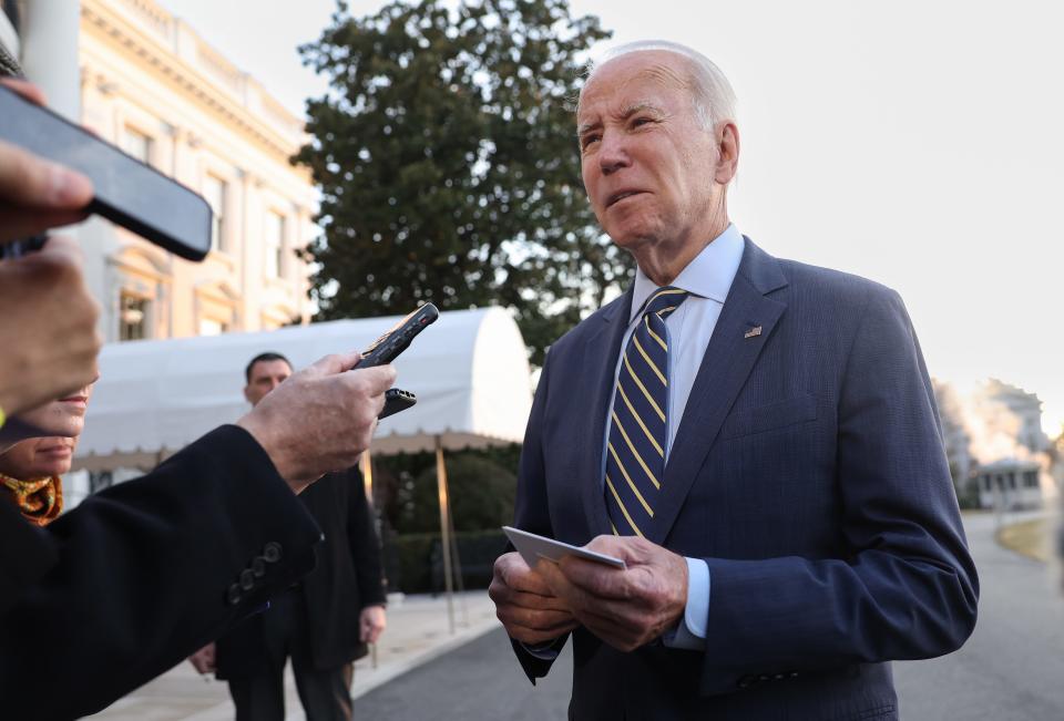 President Joe Biden speaks on the FAA computer outage as he departs the White House on January 11, 2023 in Washington, DC.