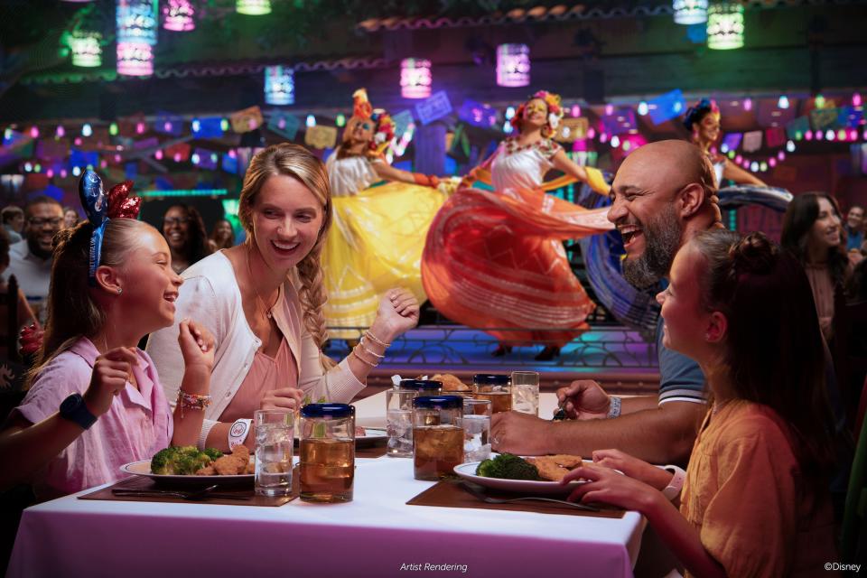 On board Disney Cruise Line's newest ship, the Disney Treasure, the vibrant town of Santa Cecilia awakens at Plaza De Coco, the world's first theatrical dining experience themed to the Disney and Pixar film, 