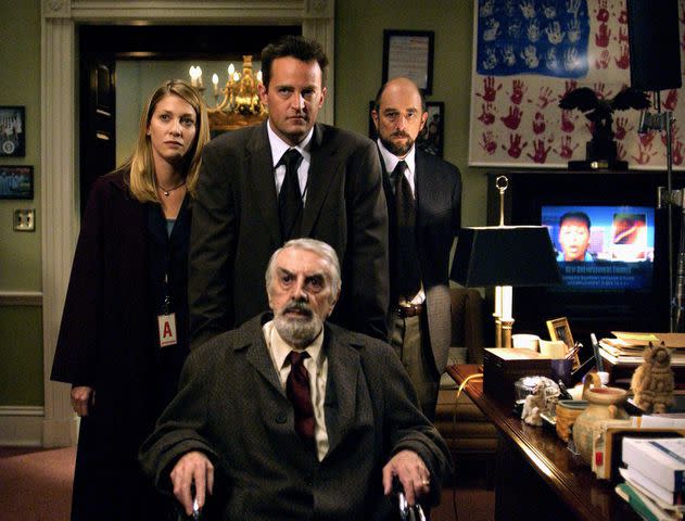 <p>ALAMAY</p> Amy Stewart, Matthew Perry, Richard Schiff and Milo O'Shea during a season 5 episode of 'The West Wing.'