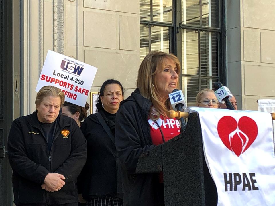 Debbie White, president of the Health Professionals & Allied Employees, calls for the New Jersey Legislature to pass a bill that would establish minimum nurse staffing ratios at hospitals.
