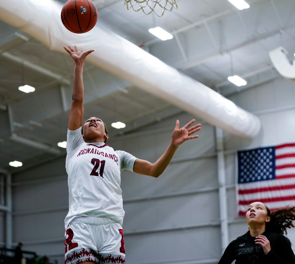 Detroit Renaissance's Christian Sanders drives for two in the second half against Detroit Cass Tech in the Detroit PSL basketball final at Wayne State Fieldhouse in Detroit on Sunday, Feb. 18, 2024. Renaissance beat Cass, 66-27.