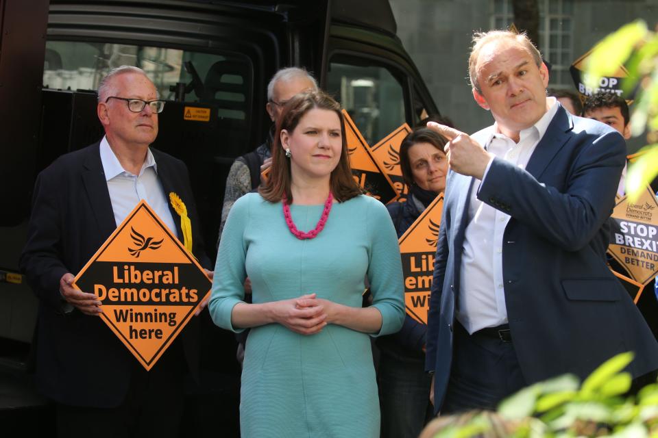 She will be challenged by Sir Ed Davey (right)  (Photo by Isabel Infantes / AFP)        