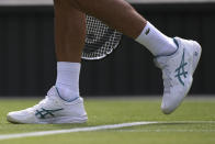A detail on the shoes of Serbia's Novak Djokovic showing '23' in reference to the number of Grand Slam singles titles he has won, during his men's singles match against Poland's Hubert Hurkacz on day eight of the Wimbledon tennis championships in London, Monday, July 10, 2023. (AP Photo/Alberto Pezzali)