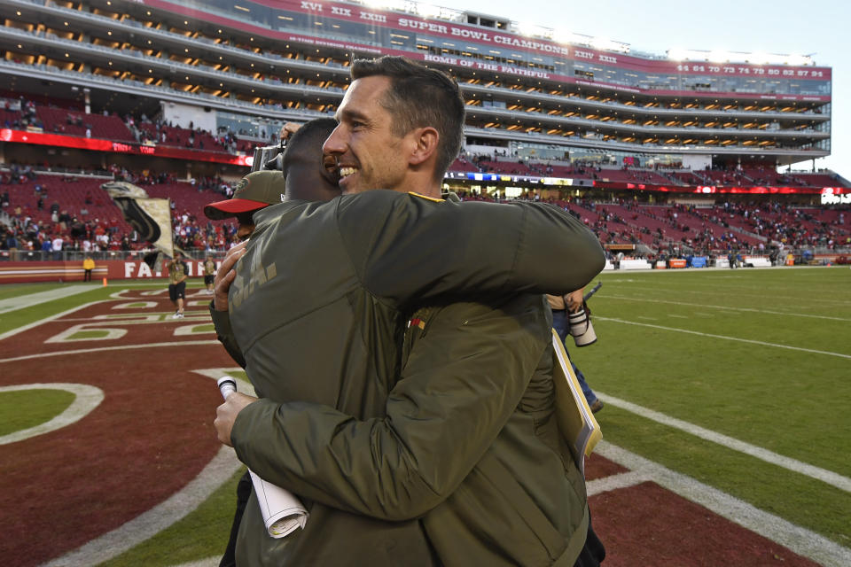 Kyle Shanahan is congratulated after his first win as a head coach, which came over the Giants in 2017. (Jose Carlos Fajardo/Bay Area News Group) (Photo by MediaNews Group/Bay Area News via Getty Images)