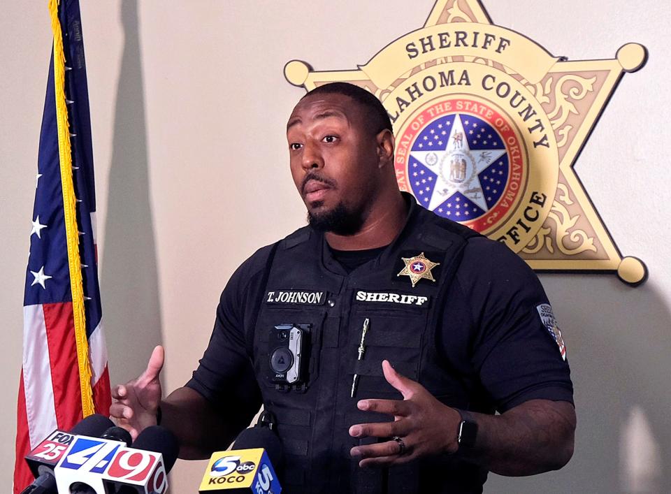 Oklahoma County Sheriff Tommie Johnson III announces an arrest Wednesday in connection with last Friday's shooting during a Choctaw and Del City high school football game.