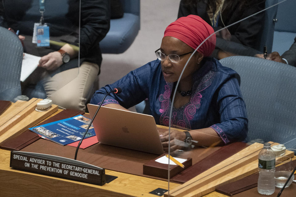 Alice Wairimu Nderitu, special advisor to the United Nations Secretary-General on the prevention of genocide, speaks during a meeting of the U.N. Security Council on maintenance of peace and security in Ukraine, Tuesday, June 21, 2022, at United Nations headquarters. (AP Photo/John Minchillo)