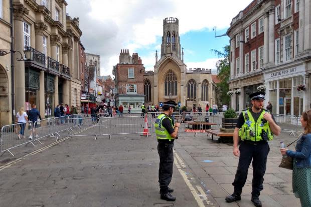 Police officers have launched a high visibility operation in ans around St Helen's Square, in anticipation of political protests later  Picture: Mike Laycock