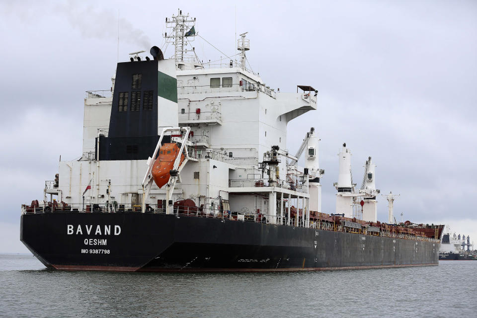 The Bavand, one of two stranded Iranian vessels, sits anchored at the port in Paranagua, Brazil, Thursday, July 25, 2019. Brazil's top court says state oil company Petrobras must supply fuel to two Iranian vessels that have been stranded off the coast of Parana state since early June. Petrobras has been refusing to provide fuel to the two vessels, arguing that they appear on a U.S. sanctions list and that the company would risk significant fines. (AP Photo/Giuliano Gomes)