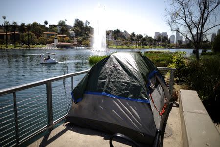 FILE PHOTO: A tent is seen next to Echo Park Lake in Los Angeles, California, U.S. April 11, 2018. REUTERS/Lucy Nicholson