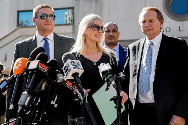 <p>Butch Dill /AP</p> Beth Holloway speaks to media after the appearance of Joran van der Sloot outside the Hugo L. Black Federal Courthouse Wednesday, Oct. 18, 2023, in Birmingham, Ala.
