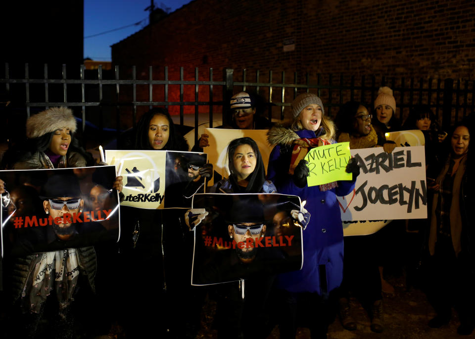 Demonstrators gather to show support for survivors of sexual abuse following a television documentary series on singer R. Kelly