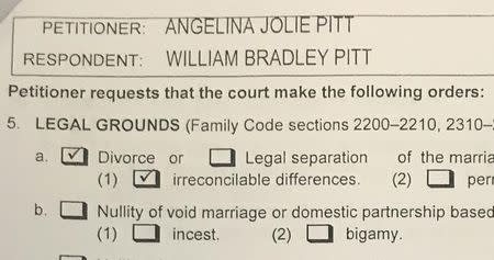 A copy of papers filed at Los Angeles Superior Court by Angelina Jolie shows her petition for divorce from her husband Brad Pitt in Los Angeles, California, U.S. September 20, 2016. REUTERS/Piya Sinha Roy/Files