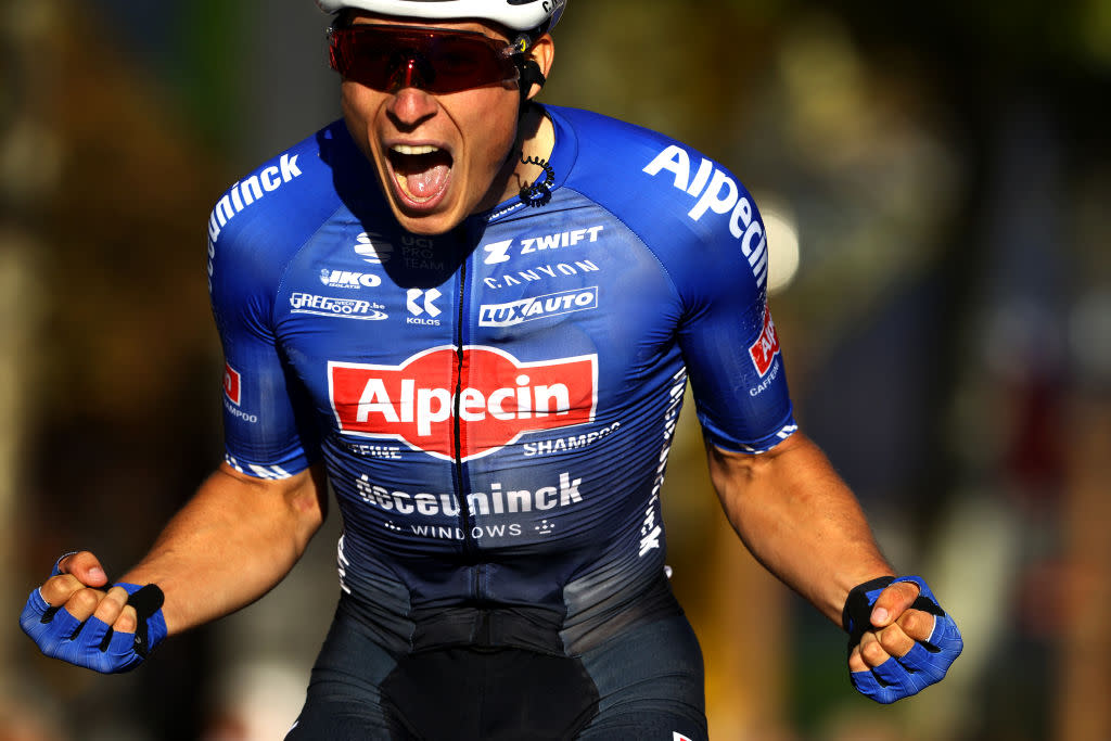  Jasper Philipsen (Alpecin-Deceuninck) celebrates winning a stage at the Tour de France 