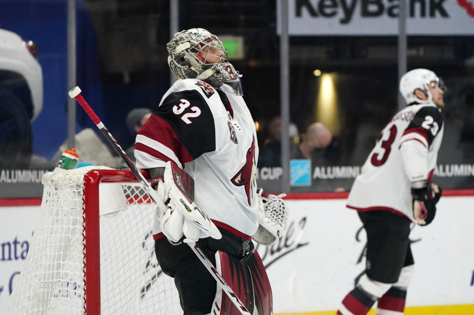 Arizona Coyotes goaltender Antti Raanta reacts after giving up a goal to Colorado Avalanche left wing Brandon Saad in the first period of an NHL hockey game Wednesday, March 10, 2021, in Denver. (AP Photo/David Zalubowski)