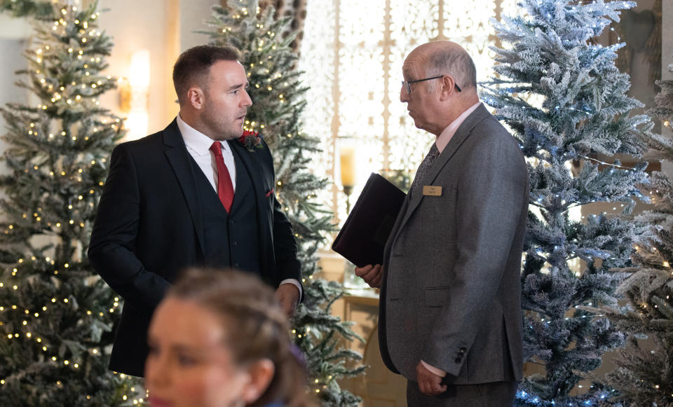 FROM ITV

STRICT EMBARGO - No Use Before Saturday 10th December 2022

Coronation Street - Ep 10832

Sunday 25th December 2022

Tyrone Dobbs [ALAN HALSALL] tells the guests it looks like the wedding is off. 

Picture contact - David.crook@itv.com

Photographer - Danielle Baguley

This photograph is (C) ITV Plc and can only be reproduced for editorial purposes directly in connection with the programme or event mentioned above, or ITV plc. Once made available by ITV plc Picture Desk, this photograph can be reproduced once only up until the transmission [TX] date and no reproduction fee will be charged. Any subsequent usage may incur a fee. This photograph must not be manipulated [excluding basic cropping] in a manner which alters the visual appearance of the person photographed deemed detrimental or inappropriate by ITV plc Picture Desk. This photograph must not be syndicated to any other company, publication or website, or permanently archived, without the express written permission of ITV Picture Desk. Full Terms and conditions are available on  www.itv.com/presscentre/itvpictures/terms

