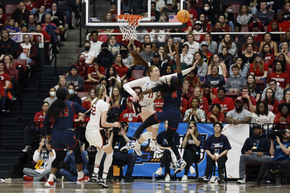 Stanford forward Ashten Prechtel (11) defends Mississippi guard Marquesha Davis (2), who scores and draws a penalty during the second half of a second-round college basketball game in the women's NCAA Tournament, Sunday, March 19, 2023, in Stanford, Calif. (AP Photo/Josie Lepe)