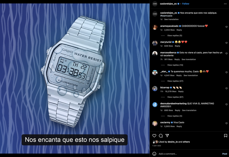 A screenshot of a Casio watch with water drops on it.