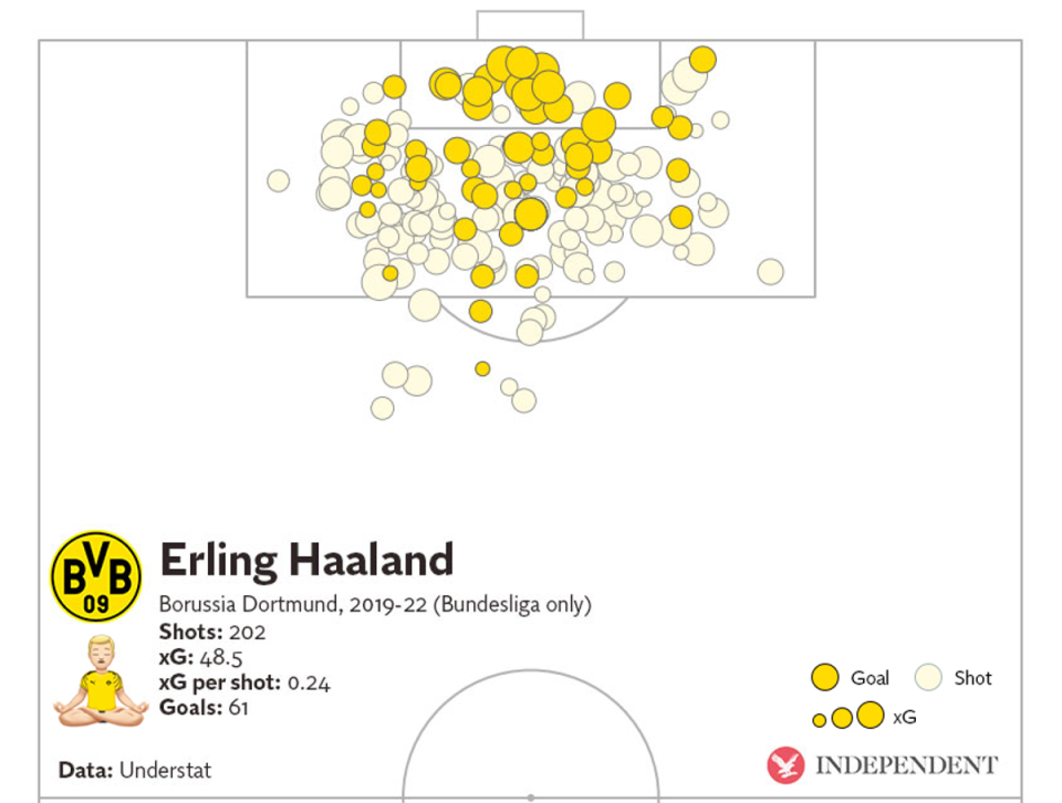 Erling Haaland’s Bundesliga shot map for Borussia Dortmund (Getty Images)