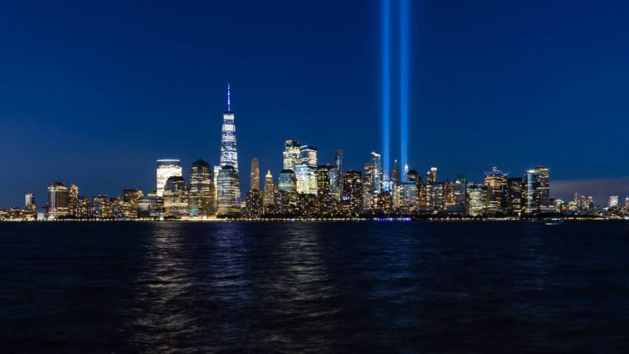 The “sky blue” campaign is an extension of the longstanding “Tribute in Light” art installation in Lower Manhattan, which comprises of two vertical columns of light representing the Twin Towers. (AP Photo/Stefan Jeremiah)