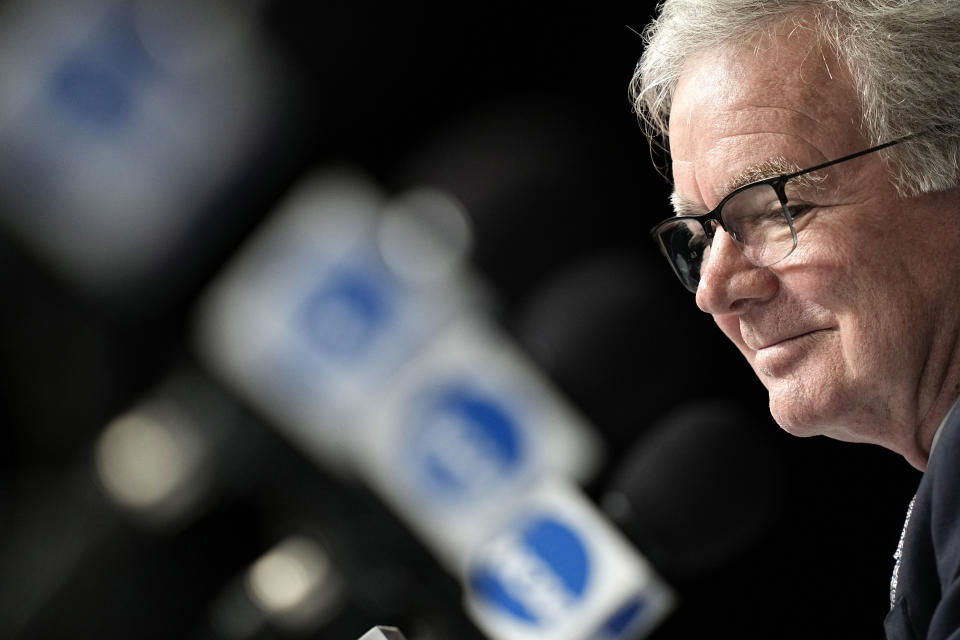 NCAA president Mark Emmert listens to a question during a news conference at the men's Final Four NCAA college basketball tournament Thursday, March 31, 2022, in New Orleans. (AP Photo/David J. Phillip)