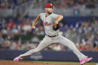 Philadelphia Phillies' Zack Wheeler delivers a pitch during the first inning of a baseball game against the Miami Marlins, Sunday, May 12, 2024, in Miami. (AP Photo/Wilfredo Lee)