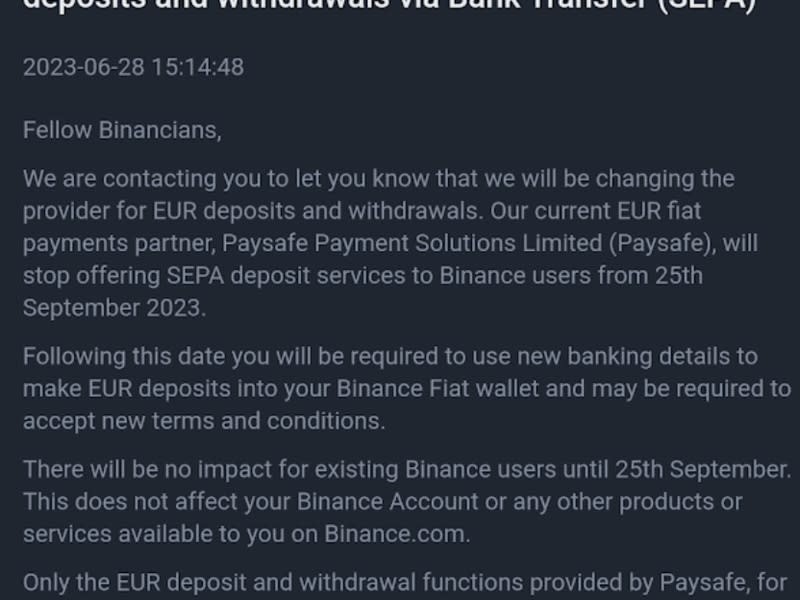 Binance notification to users (Binance)