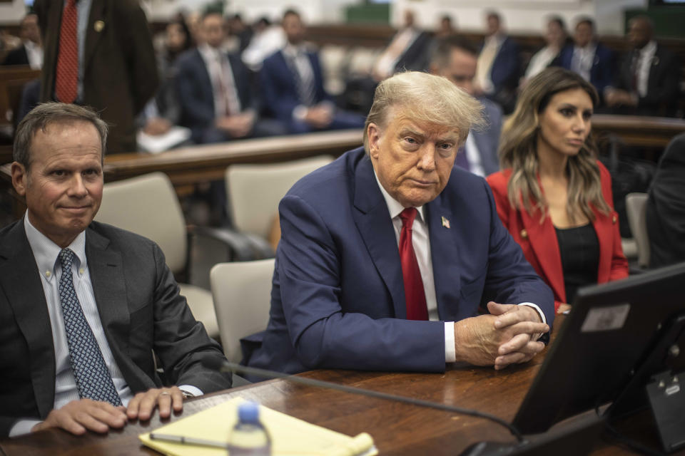 Former President Donald Trump appears in court for a civil fraud case at a Manhattan courthouse, in New York, Tuesday, Oct. 3, 2023. (Dave Sanders/Pool Photo via AP)