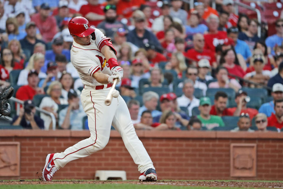 St. Louis Cardinals' Paul Goldschmidt hits a solo home run during the fourth inning of a baseball game against the Houston Astros Saturday, July 27, 2019, in St. Louis. (AP Photo/Jeff Roberson)