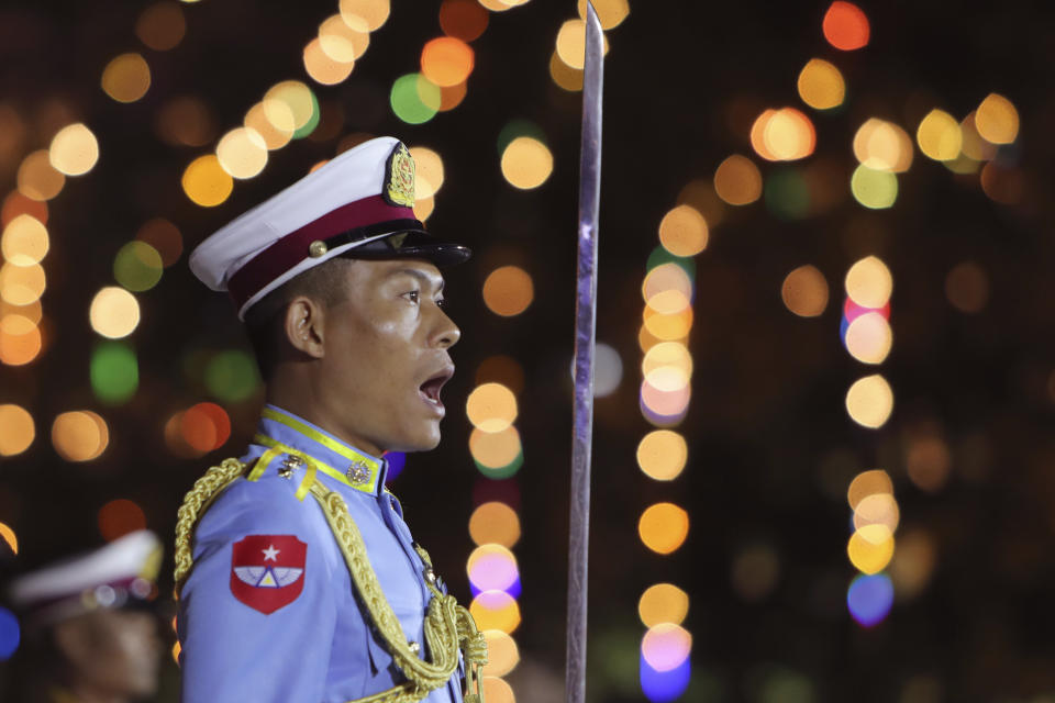 The commander of an honor guard shouts during a ceremony marking Myanmar's 76th anniversary of Independence Day in Naypyitaw, Myanmar, Thursday, Jan. 4, 2024. (AP Photo/Aung Shine Oo)