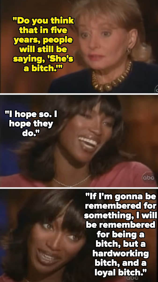 Barbara Walters interviews Naomi Campbell. Walters asks if people will still call Campbell a bitch in five years. Campbell hopes so, preferring a hardworking, loyal one