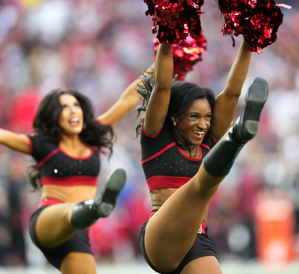 Nov 26, 2023; Glendale, Arizona, USA; Arizona Cardinals Cheerleaders perform during the first half of the game against the Los Angeles Rams at State Farm Stadium. Mandatory Credit: Joe Camporeale-USA TODAY Sports