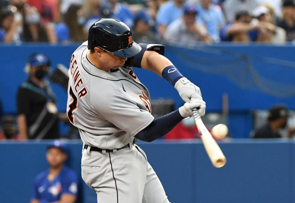 Tigers catcher Grayson Greiner hits a single against the Blue Jays in the third inning on Friday, Aug. 20, 2021, in Toronto.