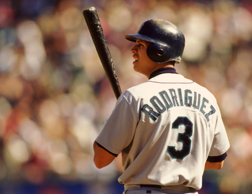 ANAHEIM - 1996:  Alex Rodriguez of the Seattle Mariners looks during an MLB game versus the Los Angeles Angels at Edison International Field in Anaheim, California during the 1996 season. (Photo by Ron Vesely/MLB Photos via Getty Images)