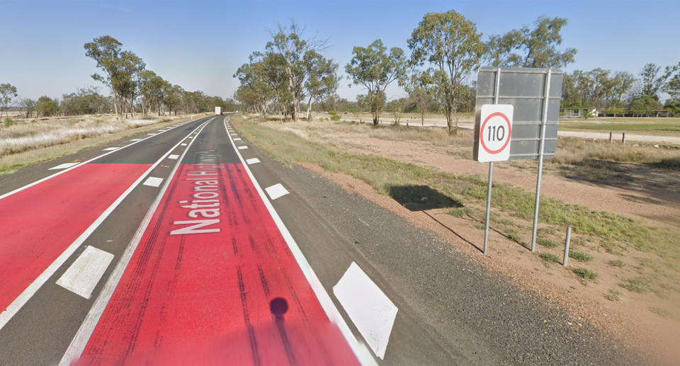 A 110km/h sign on the Warrego Highway near Wallumbilla, Queensland.