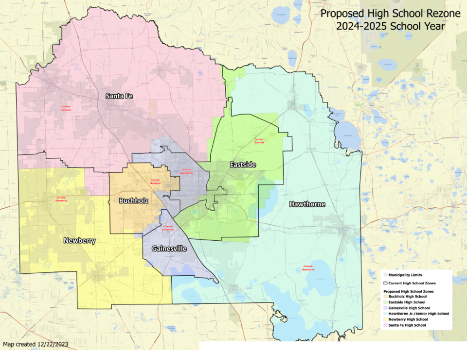 Proposed zone map for Alachua County high schools as of Dec. 22, 2023.