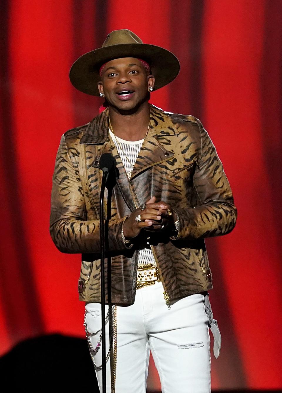 Jimmie Allen appears on stage at the 64th Annual Grammy Awards on Sunday, April 3, 2022, in Las Vegas.