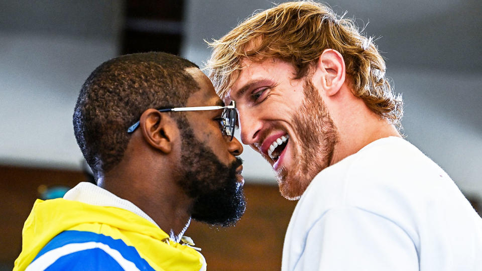 Pictured here, Floyd Mayweather and Logan Paul face off before their Miami fight.