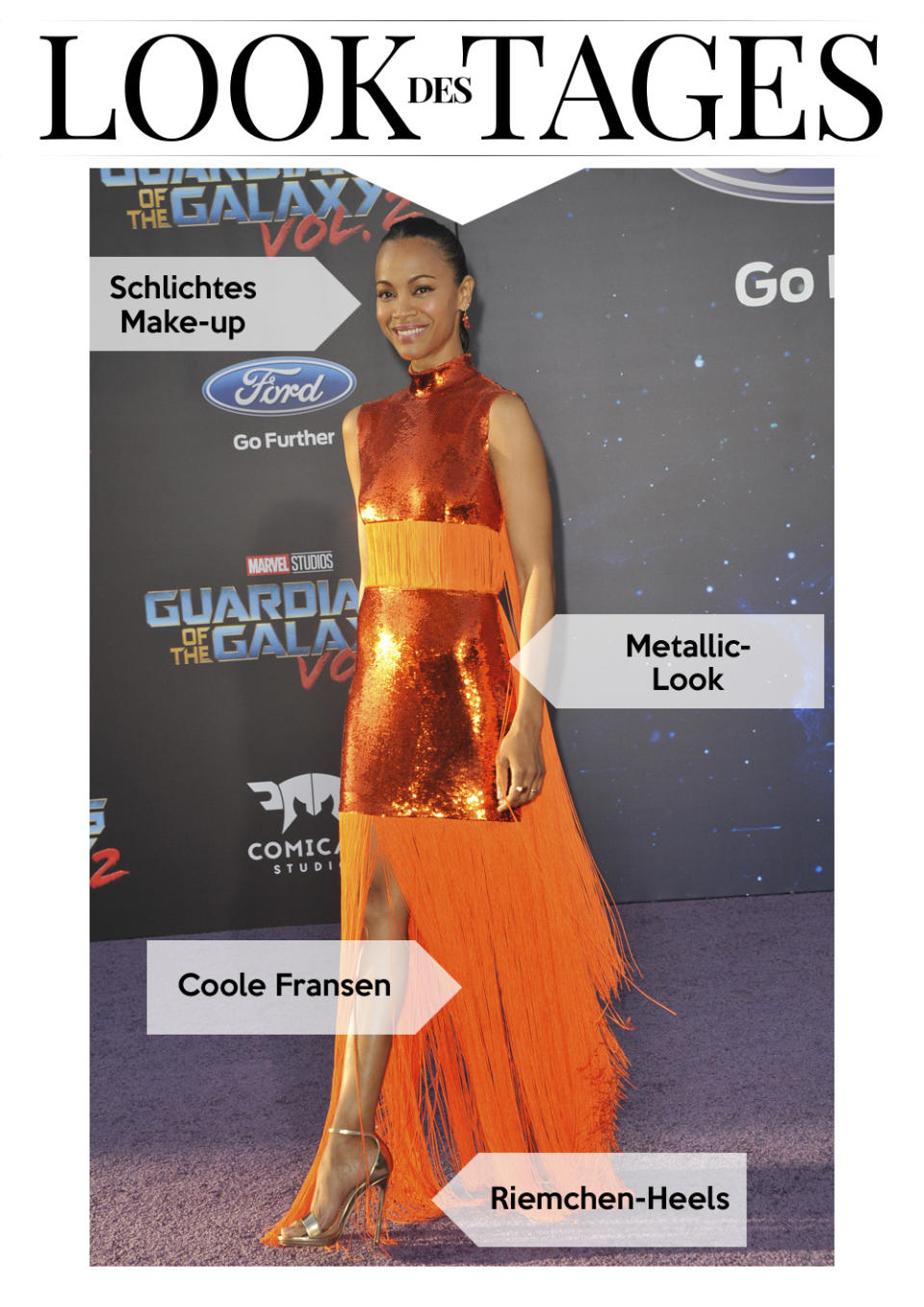 Zoe Saldana entschied sich für ein auffälliges Kleid in Orange. (Bild: Wenn)