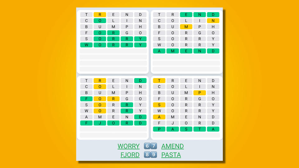 Quordle Daily Sequence answers for game 486 on a yellow background