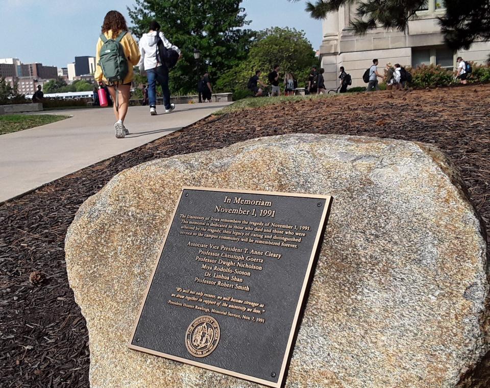 This historic marker on the University of Iowa Pentacrest grounds commemorates the tragic 1991 on-campus shooting which claimed the lives of five members of the University community.