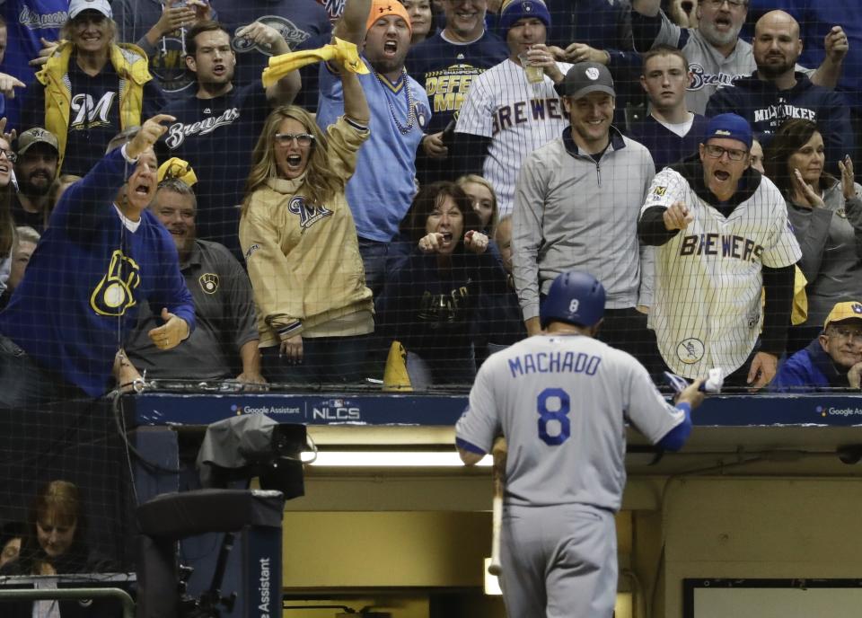 Manny Machado gets booed by Brewers fans during NLCS Game 6. (AP)
