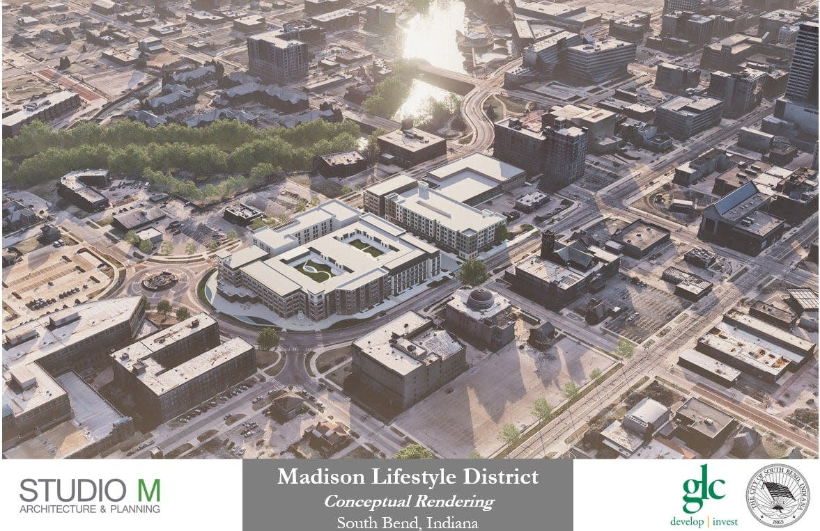 Looking southeast, a photo rendering shows plans for a new Madison Lifestyle District on the two blocks south of Memorial Hospital in downtown South Bend. The $100 million investment would include more than 240 new apartment units, a 100-room hotel and 900 structured parking spaces.