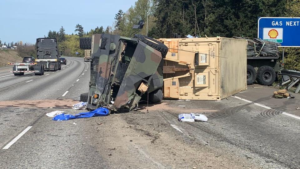 <div>A military truck on its side snarled the afternoon commute on April 10, 2024.</div> <strong>(WSP)</strong>